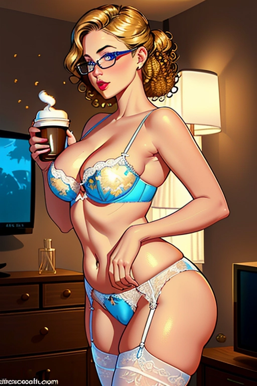 The beautiful housewife of my neighbor, seduced by me, conservative christian, mild, mom, invited me over for coffee, started stripping in front of me, cute, modest, shy, aroused, curly blonde, hair tied is messy, dark eyebrows, beautiful blue eyes, thick framed glasses, cute nose, soft gount cheeks, full lush lips, round narrow chin, thicc curvy mom-bod figure, small perky breasts, thin waist, round thicc phat ass, full thighs, cute feet, wearing a white and gold floral bra, white and gold floral waist high briefs, pink garter belt, in her living room, television on in the background, she is bringing me a cup of coffee with her left hand, her right hand is in her panties rubbing her crotch, she is wanting me to fuck her real bad, ((high definition)), ((4k quality)), ((excellent lighting)), ((great shading)), ((pristine detail)), ((really clear picture)), ((beautiful vibrant colors)), ((accurate at lower prompt guidence)), ((ultra realistic)), (((five fingers per hand))), (((two arms per person))), (((two legs per person))),