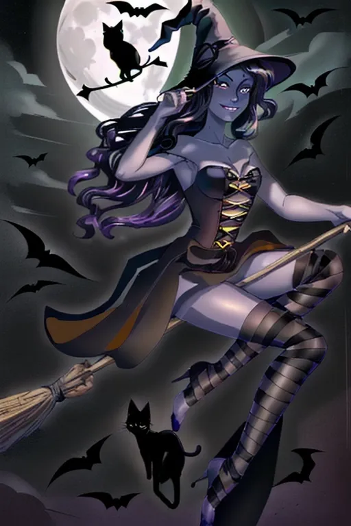 Silhouette of a gorgeous thin girl skinny witch sitting on a broom flying in front of the moon, accompanied by bats, ((cat sitting on broom with the witch)), seductive smile, lascivious smile, libidinous expression, looking at me