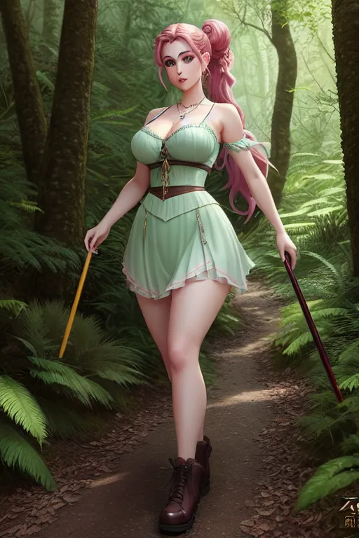 a color pencil draw of,a fairy,walking,in the forest,big breasts,five fingers per hand,ponytail,gorgeous face,beautiful lips,detailed large eyes,curved eyebrows,curved eyelid,pale skin,wearing necklace,pixiv,cgsociety,professional,8k,editorial