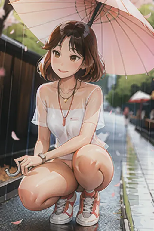 sam yang, 1girl, blurry background, brown eyes, brown hair, cherry blossoms, dog, full body, holding, holding umbrella, jewelry, looking up, medium hair, necklace, rain, shiba inu, shoes, short sleeves, smile, sneakers, solo, squatting, transparent, transparent umbrella, umbrella, watch, wristwatch , ((masterpiece)) <lora:dpmg_sam_yang:1>, open legs while in squat, no panties, visible pussy
