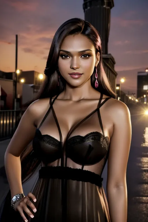 a 4k realistic portrait of, ((jessica lucas)), ((accurate face)), long hair, show full body, sexy pose, ((medium large breasts)), five slender fingers, detailed large eyes, professional, editorial, black and pink dress, ((seethrough dress)), ((nipples showing)), smile, wide lips, large nose