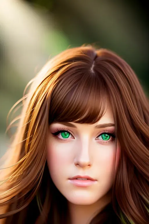 HD photo of a sad pretty young woman with long brown hair and green eyes, realistic photo, studio lighting