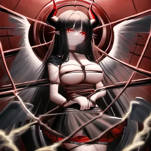 Angel girl with medium breasts, long black hair, angel wings, huge wings, black wings, wings behind the back, tied up, rope bondage, tied hands, ropes, short dress, short skirt, red skirt, red dress, horns on the head, rams horns, red eyes, glowing eyes