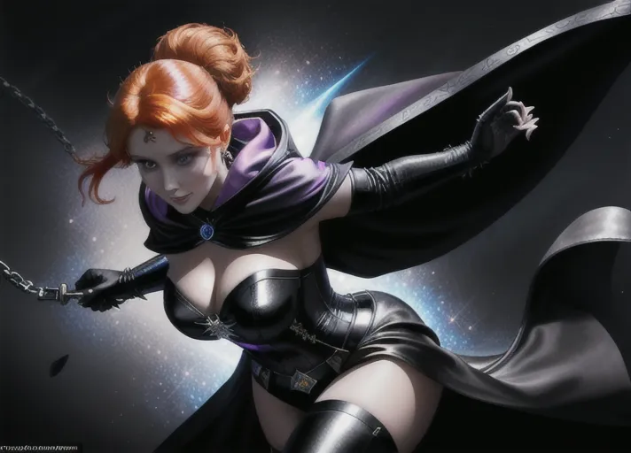 Sweet bright cheerful beautiful elegant auburn haired in a low hanging bun wide sparkling sapphire eyed Queen Anna of Arendelle in black sexy leather and satin attire with a large hooded full length cape obscuring her features in deep shadows lashes out with a raided leather whip against a strapped-up prisoner.
horror