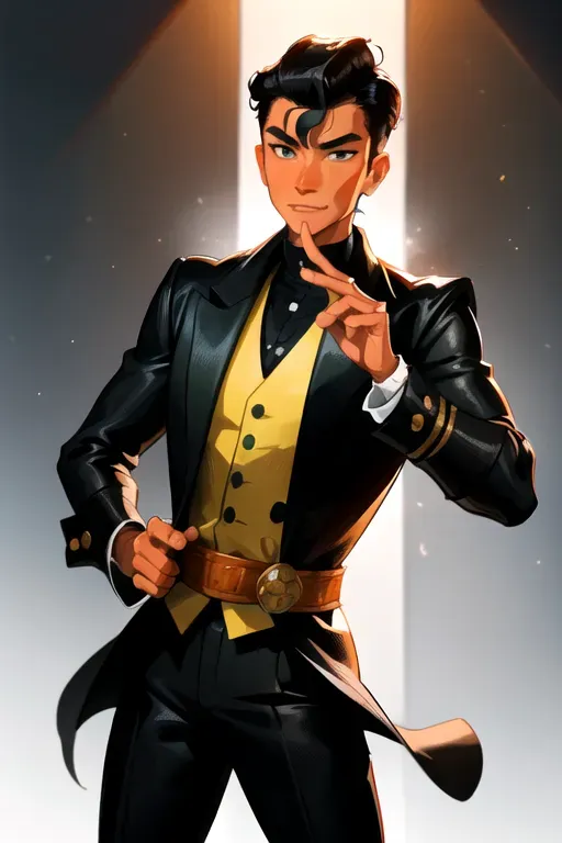 sam yang, best quality, masterpiece, Well upkept for a bandit thief 1 male, worn old style green Earth Kingdom military equipment, smooth criminal, gentleman thief, black hair tradition disney slick hairstyle , asian skintone tanned, worlds most handsome man, anime digital art anime digital art ((masterpiece)) <lora:dpmg_sam_yang:1>