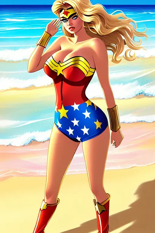 Kate upton in wonder woman costume concept art for shperhero film, she is on a sandy tropical beach, sun and waves as background setting, realistic fabrics on costume