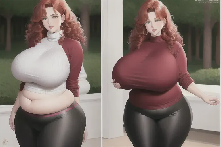 curly hair, redhead, female, milf, mommy, turtleneck sweater, yoga pants, fattening, weight gain, rapid fattening, sequence, looking pleasured, plump lips, big lips, huge belly, belly expansion, flabby belly, fatrolls