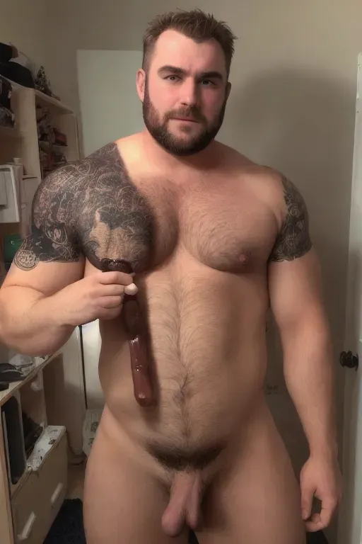 A hairy slightly overweight daddy bear, salt and pepper hairy chest, large erect penis squirting cum on his hairy belly