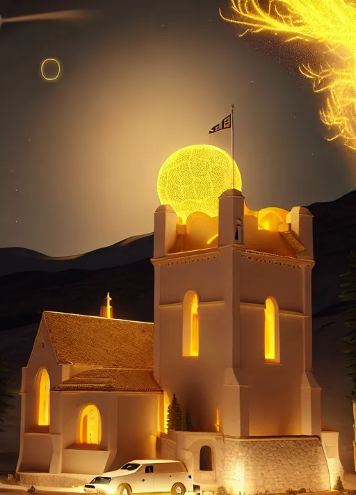 A romanesque White church at night with a highly detailed golden complete full moon
Immediately above and behind the tower,
Stars, meteor shower, mountains in the background,
Flag pole on top of the church tower
Photorealistic, ultra realistic, highly detailed, absurdres,