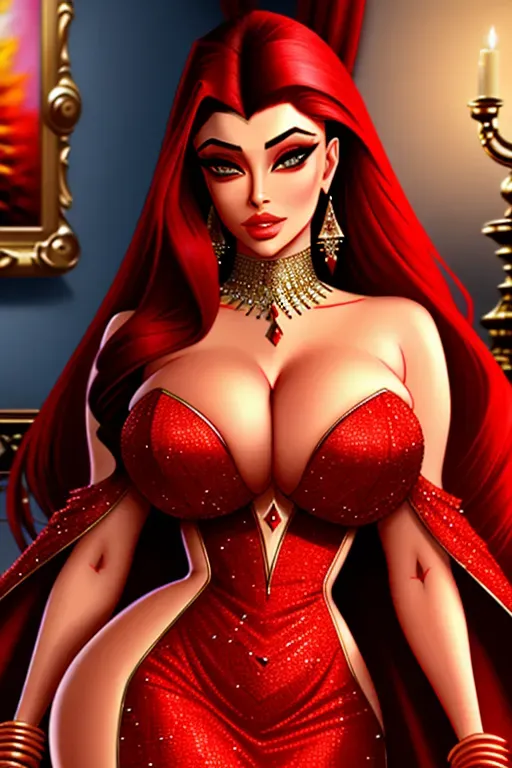 Complex, hypermaximalist, detailed art of Aishwarya Rai in red high slit dress, cleavage, 8k, hdr.