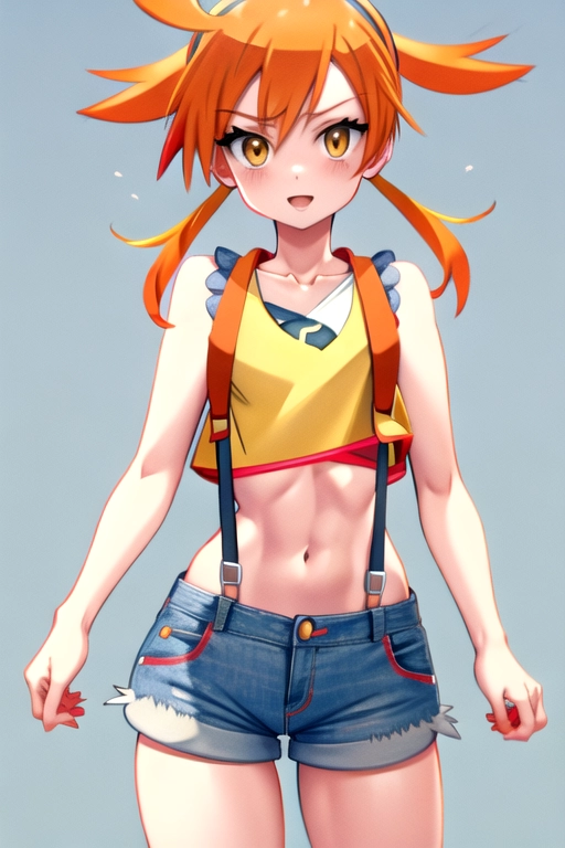 Pokemon Misty. Red Suspenders. ((yellow crop top.)) Tiny jean shorts. ((Orange hair pigtails)). Cute.
<lora:dpmg_better_bodies:0.1>,
Best quality. 8k. Masterpiece.
