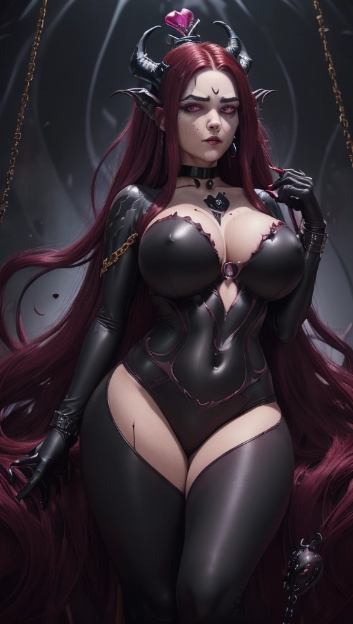 best quality, (((ultra high res))), (detailed face and eyes), (succubus), hearts, ((perfect face)), (necklace), (((big choker))), golden earrings, jewelry, gloves, ((gold)), (((big pink diamond diadem))), (big pink diamond crown), hourglass body, ((handcuffs)), handcuffed, ((((chained)))), (tied up), ((((black symbiote goo suit)))), ((((symbiote succubus)))), ((big cameltoe)), ((((burgundy red hair)))), ((((extremely long hair)))), ((((straight hair)))), ((black boots)), ((((black symbiote neckholder suit)))), (((black legs))), (((black gloves))), (((((very long voluminous hair))))), (((((hair raising succubus))))), ((((raising hair)))), (((((very voluminous hair))))), ((black symbiote hips)), ((black symbiote thighs)), ((perfect eyes)), ((((face closeup)))), (((black symbiote leggings))), (((corruption))), ((((burgundy red hair everywhere)))), ((huge tits)), ((huge boobs)), (((heart))), ((((black tight t-shirt)))), ((((black symbiote goo corruption face))))