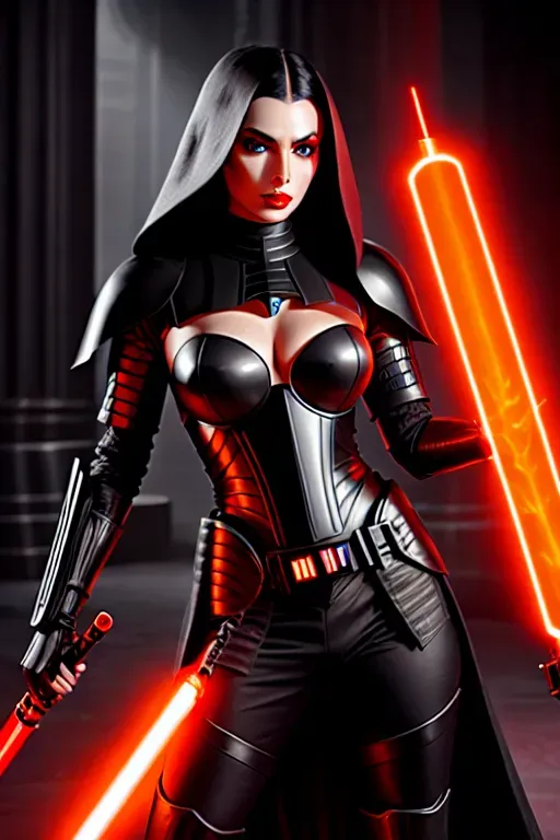 a photograph of, a female Sith, full body, wearing black futuristic armor, holding a red lightsaber in her right hand, in a dark temple, with glowing orange iris five slender fingers, beautiful lips, curved eyebrows, curved eyelid, beautiful eyes, professional, ultra realistic,