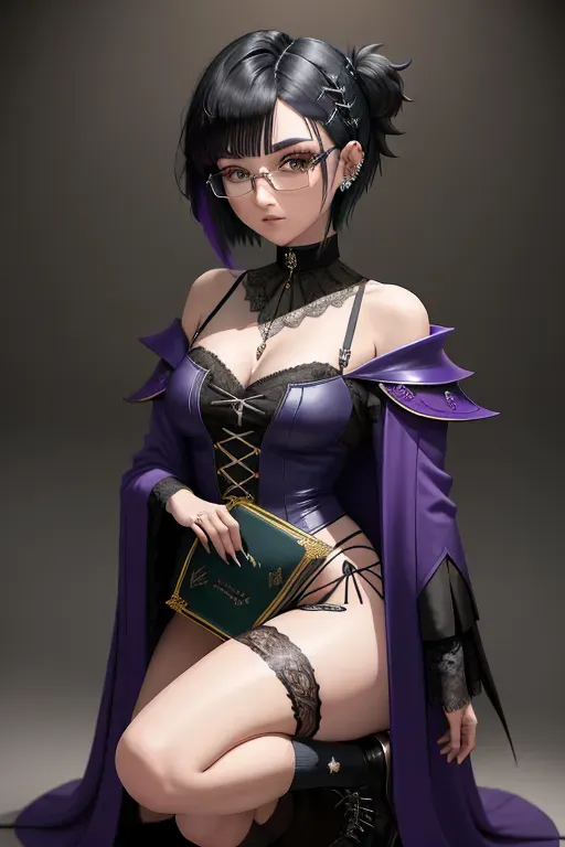 A Raven Claw Girl with a 2008 emo girl hair cut hair, Her hair is black and going down to her shoulders, She is wearing ear piercings that are swords that go through her ears, She also has a pair of small glasses she only used for reading, that accent and complement her green eyes, She is wear the classic Ravenclaw Robes that hug her body nicely and hang softly around her frame, She is 5 feet and 6 inches tall at 16, so shes a bit taller than some of the boys still. Her socks are knee high socks with lace up knee high shoes, She has a small lace choker around her neck barely hidden by her Hogwarts robes