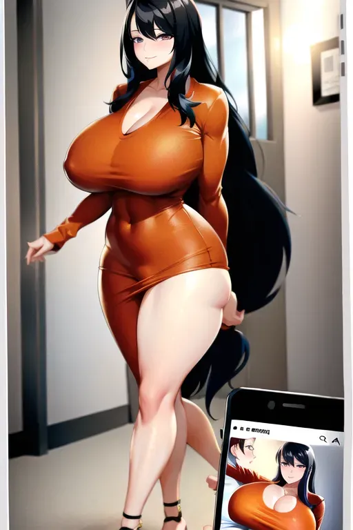 <lora:dpmg_photo_compare:0.9> ,big breasts,(mature female:1),black hair,long hair,phone, cellphone, smartphone, holding, Nude, Vaginal, Picture
