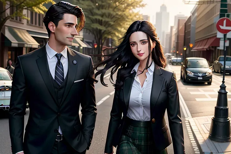 highest photo resolution,
the setting is a dark haired man and dark haired woman by a car,
A man with in a suit talks to a woman with green eyes and long dark hair wearing a button up shirt and skirt, happy, no nudity
((extremely detailed photograph))
warm light,
no nude