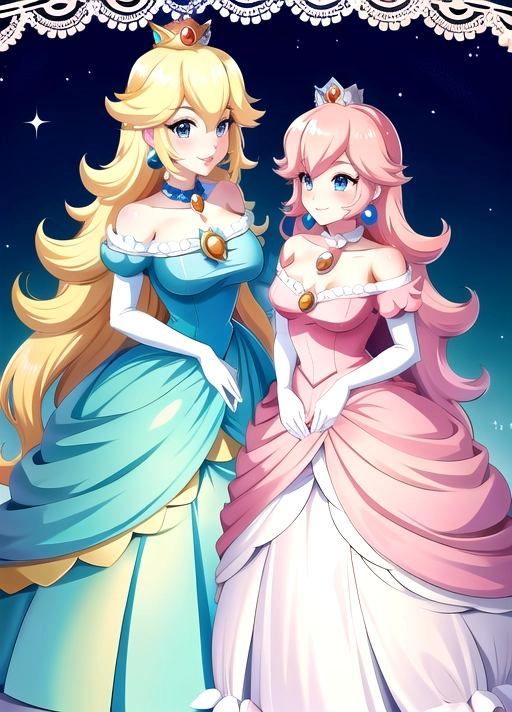 princess peach and princess rosalina, (super mario art style), anime,