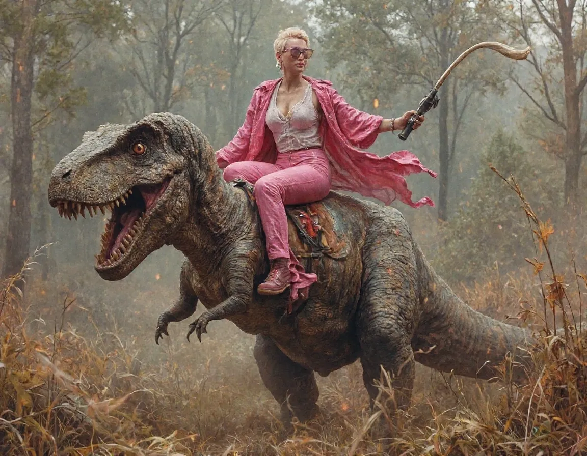 Pink the singer riding on the back of a scary T-rex