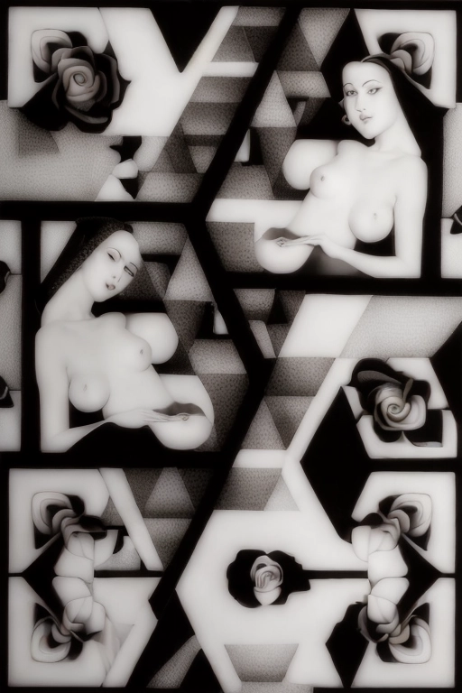 ((((Erotic abstract art by Escher)))), ((full color)), extreme closeup pov navel, sniffing a black rose, gorgeous young nude redhead woman, completely naked, beautiful face, (sexually aroused smile), ((alluring smile)), (((seductive expression))),((((flirting)))), in a rose garden full of black roses,