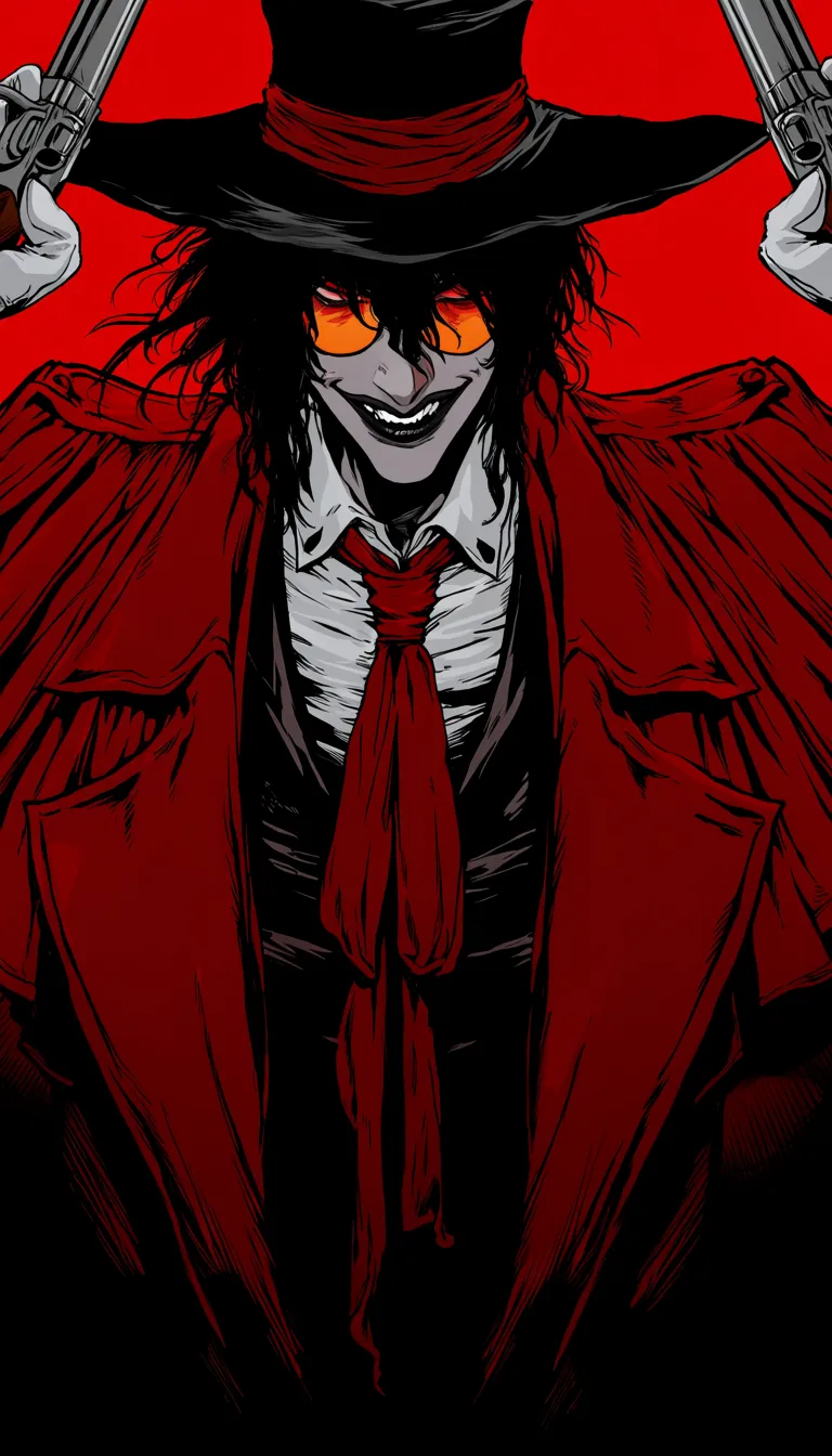 masterpiece, best quality, safe, 1boy, alucard \(hellsing\), hellsing, male focus, white dress shirt, overcoat, black hat, black hair, glasses, orange tinted eyewear, evil smile, teeth, black theme, red theme, pale skin, vampire, white gloves, holding gun, handgun