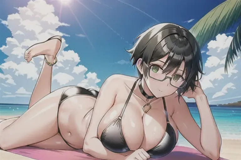 a photograph of, a girl with big breasts, short black hair, green eyes, glasses, and choker necklace wearing a bikini and relaxing at the beach