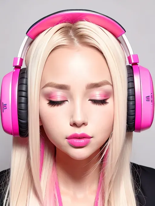 Dopamine Girl Bimbo Caucasian Blonde Hair Pink Headphones Head Facing Camera Pink Room