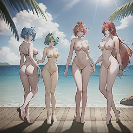 4 girls, one with red hair, one with blue hair, one with green hair, and one with yellow hair, are naked and posing together.