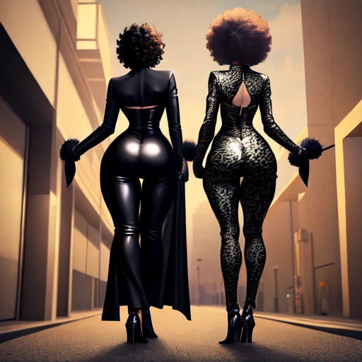 Sexy black villainess with afro and big ass wearing a leapord print catsuit and feather boa walking down parking lot.
front and rear view.