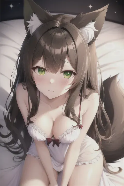 high quality, detailed, anime girl, dark brown hair, green eyes, wolf ears on head, fluffy ears, fluffy tail, innocent, shy, night gown, on bed, fingering her pussy, laying down, panties wet