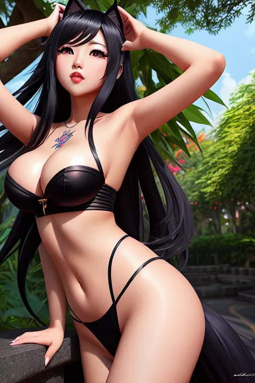 a digital art of,a vietnamese girl,wearing lol ahri cosplay,arched back pose,outdoor,big breasts,five fingers per hand,silky hair,charming face,beautiful lips,black eyes,curved eyebrows,tattoo,ultra realistic,smooth,professional,pixiv,editorial
