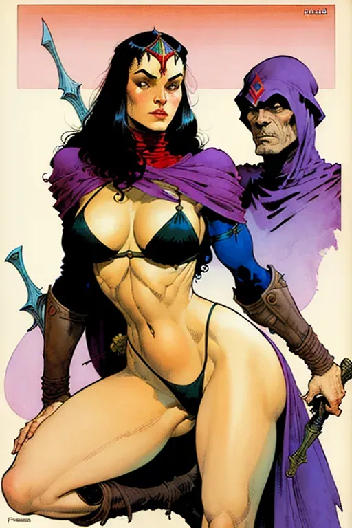 female assassin character design by Frank Frazetta and Milo Manara and Moebius and Enki Bilal