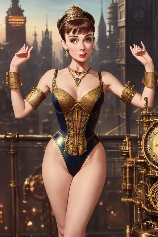 a photograph of Audrey Hepburn dressed as an empress, ((full body and thighs visible)) seductive, wearing crown and ((leotard)), standing in front of the ((steampunk cityscape)) , wearing necklace, five fingers per hand,raised arms, beautiful face,beautiful lips,curved eyebrows,curved eyelid,satisfaction,highly detailed,sharp focus,cgsociety,cinematic lighting,pixivS