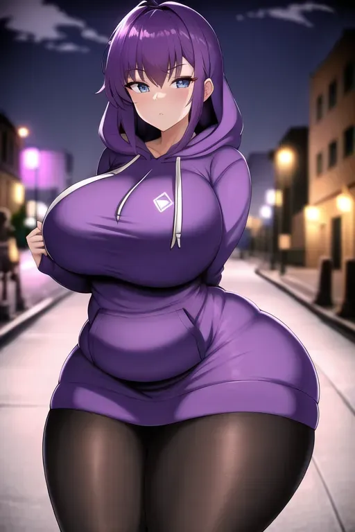 wide shot, 20 year old, a young actress, thicc, hoodie, purple, street, night, street lights, serious, 8k, professional