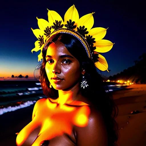 realistic Southern Brazilian coastline, Nectandra megapotamica nude spirit goddess, Nighttime flowering Canela-Merda headdress
