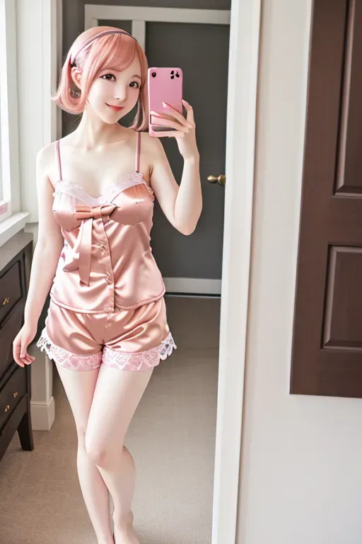 Best quality, Lilypichu, Lily Pichu, standing in doorway, satin camisole and shorts, sexy, real Bell Delphine, lace, pink hair, smirk, cellphone, pajamas, step sister, Korean,