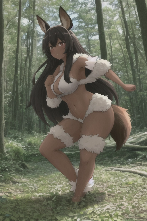 A female Satyr frolicking through the woods, (((she should have legs like a deer))), large beasts, dummy thick, ((fur covering legs)), hoofed feet, dark skin, black hair, horns on head, ((dynamic pose))
