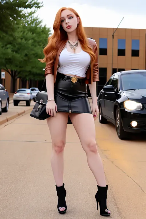 full body, strawberry blonde hair, hazel eyes, short girl, denim miniskirt, black high heels, looking at viewer, long hair, pale skin, silver necklace, black crop top, 24 years old, giant breasts, cute face, pov, wavy hair, city environment, Oklahoma City, wide eyes, erotic, skirt tug, leather jacket, nighttime, black backpack, slim body