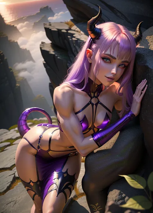 Fantasy setting, portrait of large daemon succubus, purple skin, small horns, large breasts with large erect nipples, long tail, toned body with abs, slender arms and legs, nude with metal harness, detailed pussy and purple pubic hair, sexy eyes, erotic pose, touching herself, flexing her muscels, very beautiful face
daemon is kissing a scantily dressed human princess (blonde with small breasts)
artistic photography, sharp focus, 4k, 8k, F1. 4, Hasselblad, Zeiss, color correction, warm tones, rocky ground, steep cliff in the bacground, dramatic purple ligthning in the sky, ((Godrays)), sunrise, backlight, hair light, catch light, skrim, ((volumetric fog)), high contrast,
view from below, two arms