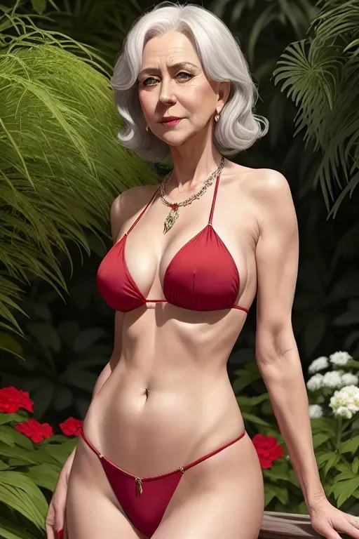 a colour painting of, a ((full length)) Helen Mirren,((show full body and legs)), wearing red bikini, wearing necklace, in a garden,five slender fingers, grey hair, mature but beautiful face,beautiful lips, sexy legs, slim figure, detailed large eyes,curved eyebrows,pale skin,cosy. artstation,bokeh,8k,cgsociety,editorial