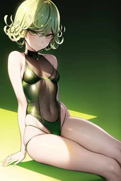 Tatsumaki from one punch man, ((yellow) lingerie), short green hair, green eyes, ((small breasts)), exposed legs, thigh gap, solo, one person, seductive smile, ((from being looking at viewer))