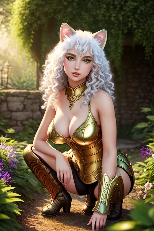 a illustration of,a translucent arctic cat spirit,wearing medieval armor,squatting,in the garden,small breasts,five slender fingers,curly hair,charming face,beautiful lips,green eyes,curved eyebrows,romantic,wearing golden ring,editorial,8k,professional,artstation,bokeh