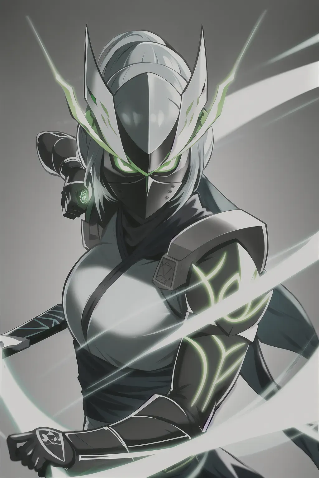 Ninja, full face mask, white, glowing green accents, with a sword, female, 8k wallpaper, best quality, ultra hd, global lighting, hi-resolution, high quality, highly detailed