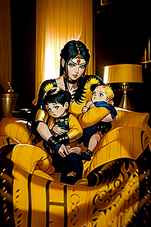 one woman with black hair, two children, an image of a warrior princess mom with two children one of two years and the other of one year, she is dressed as Xena, the baby of two years is blonde, with yellow hair and the baby of one years is the son of Conan, with black hair