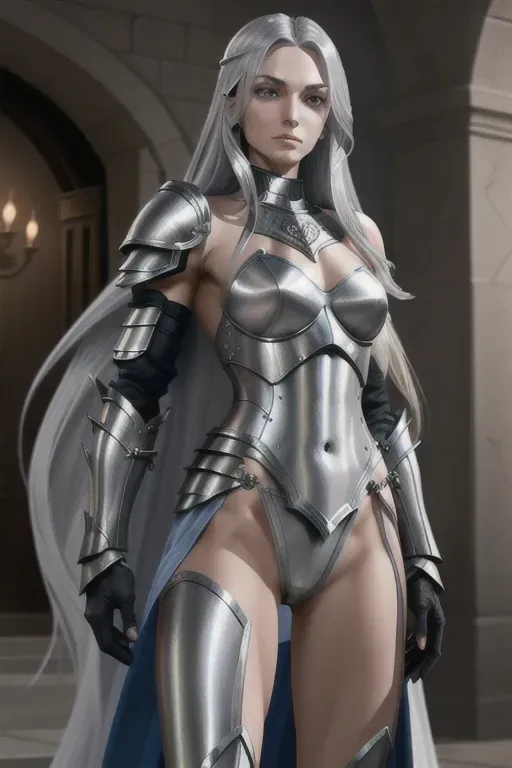 A girl with long silver hair, 5 foot 8 inch height, Slender, Sexy, Toned muscles, Silver eyes, Wearing advanced plate armor, Young face, Narrow body, narrow thighs, bigger gauntlets , bigger shoulder plates , thick chest plate on armor , small boobs, flat chest, skinny, show a small amount of skin on legs, show a mall amount skin on belly button