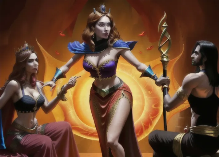 evil Arabic sorcerer Jafar of Agrabah dressed in black and red portrayed by Marwan Kenzari, uses his magic golden cobra headed staff to transform beautiful Nordic bright fiery auburn haired blue eyed Queen Anna of Arendelle portrayed by Elizabeth Lail into his loyal adoring harem dancer. photorealistic. <lora:dpmg_snake_coiling:1>