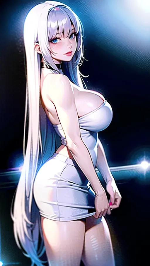 best quality, ultra high res, (photorealistic:1.4), 1girl, white long straight hair, bangs parted equally in half, light blue eyes, off-shoulder white shirt, black tight skirt, black choker, D sized breasts, looking at viewer, closeup <lora:dpmg_korean_doll:0.66>, mature, hot, cold-looking