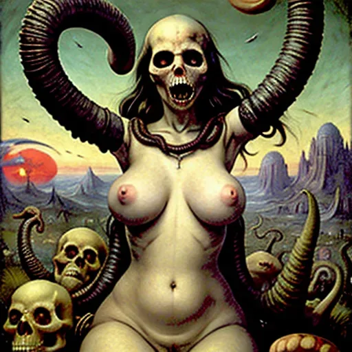 Orgy, ((fisting)), giving birth a skull, giant alien penis, in the art style of Frank Frazetta, (In the art style of H. R. Giger), In the art style of Hieronymus Bosch, tentacles, mushrooms, multiple penetration, all fours, from behind, huge labia minora, huge vaginal gape, dynamic pose, busty female, raw, 8k