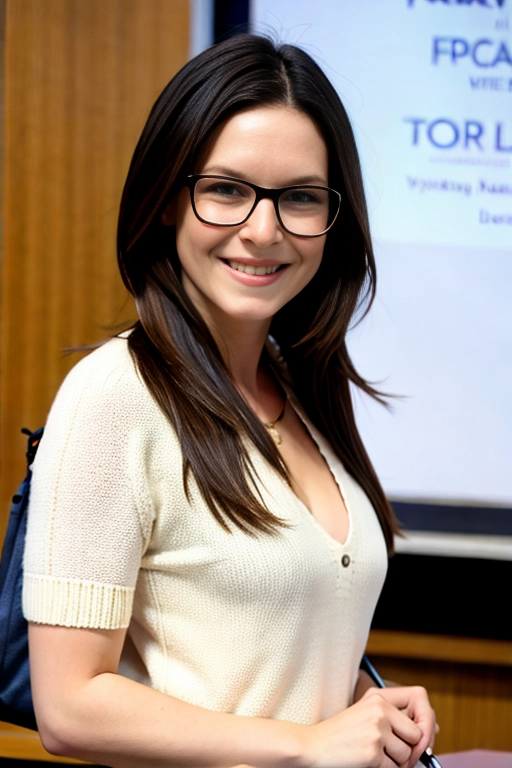 Small tits, white pale skin, athletic female skinny professor in only sexy pullover showing breasts and cleavage, rectangle glasses, at university lecturing in front of students, seductive smile ,((small tits)), green eyes, dark hair, breasts partially exposed, nsfw, sexy