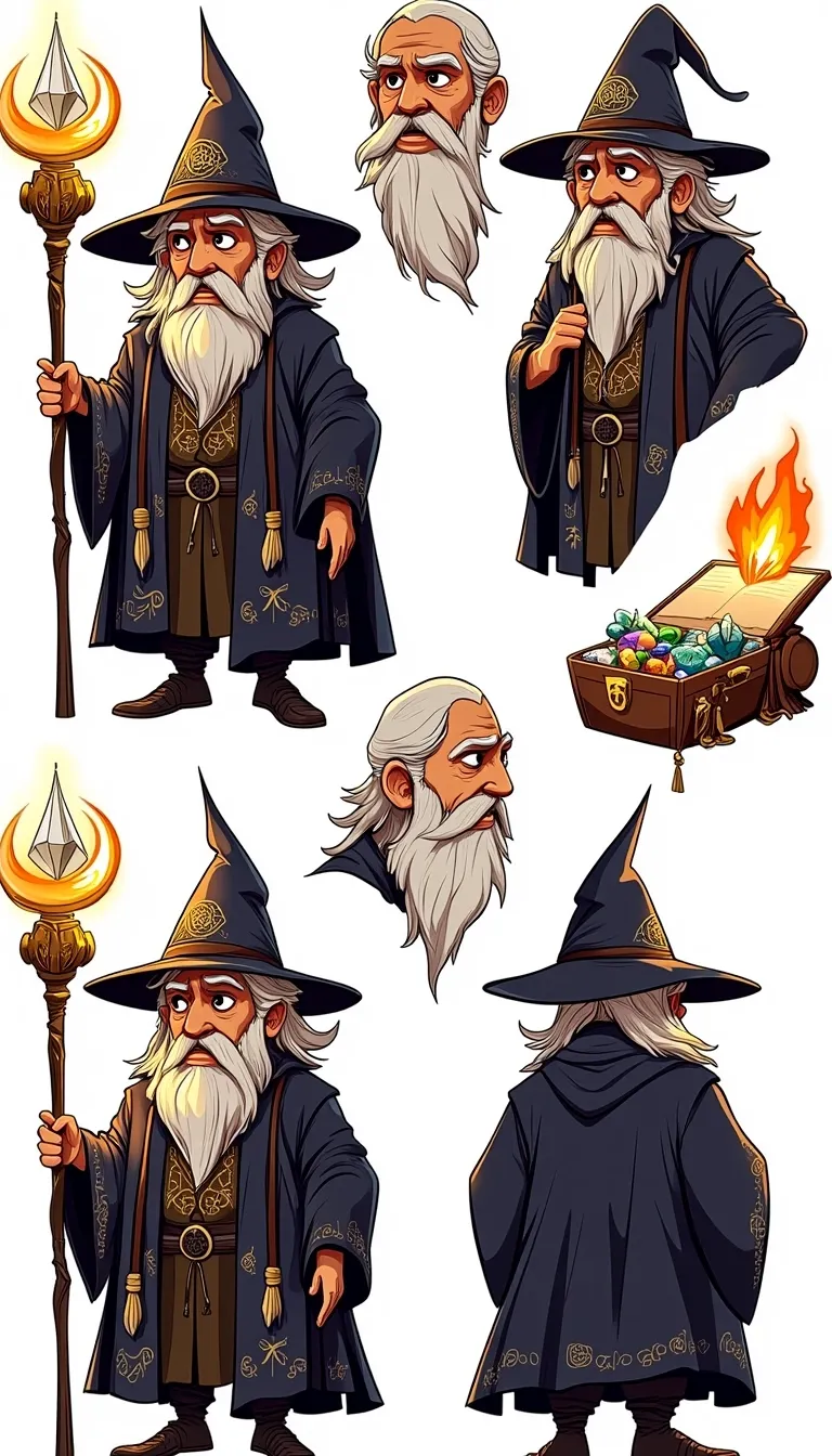 Character Design Style, A wise old wizard holds an ancient staff topped with a glowing crystal. The sheet features a front view of his robe adorned with celestial symbols, a close-up of his weathered face revealing deep-set wrinkles and piercing eyes, a side profile highlighting the intricate patterns on his pointed hat, and a back view displaying a satchel filled with mystical artifacts. Expressions of deep thought and a gentle smile are included, along with his open spellbook emitting a faint glow.