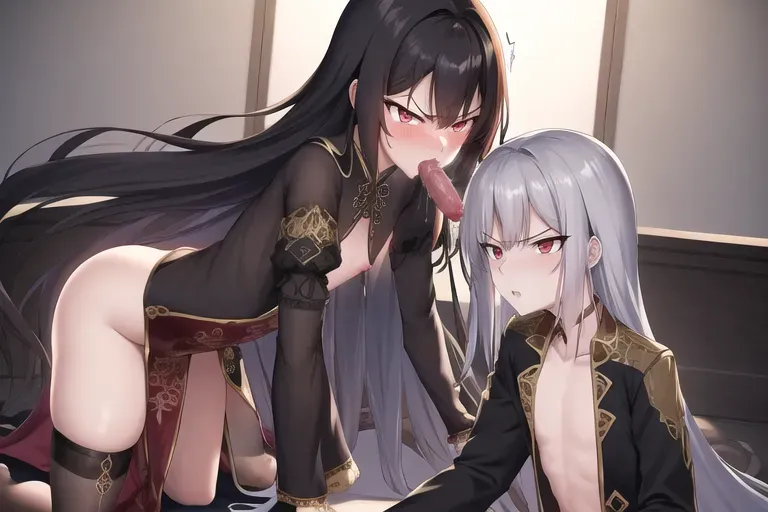 blush, pussy juice, best quality, masterpiece, 2 girls, 1 boy, sex, nsfw, long hair, flat chest, black Chinese dress, silver eyes, emotionless stare, thin thighs, gold accessories, Chinese design, royal throne background, pussy juice, make-up, visible breath, (black hair), green highlights on hair, cold gray eyes, glaring angrily, threesome fucking, 1 boy 2 girls, handsome guy, cock threesome, dpmg_threesome_v1